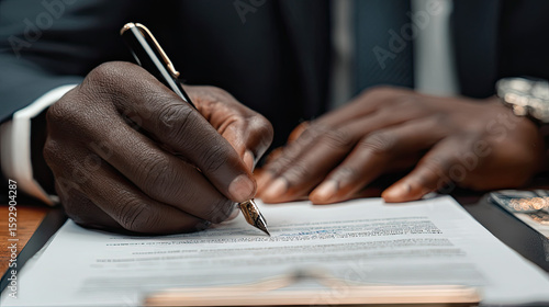 Hands, documents and contract with a black man signing paperwork at a table or desk in the office. Compliance, loan and insurance with a male putting his signature on a legal document for agreement