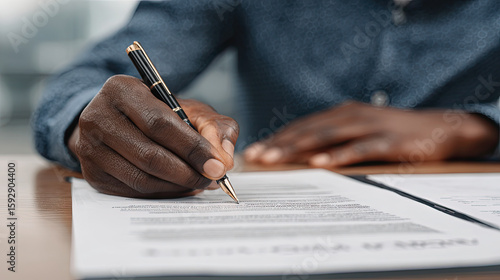 Hands, documents and contract with a black man signing paperwork at a table or desk in the office. Compliance, loan and insurance with a male putting his signature on a legal document for agreement