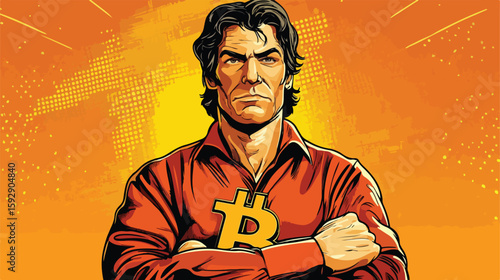 Man holding Bitcoin symbol flat illustration