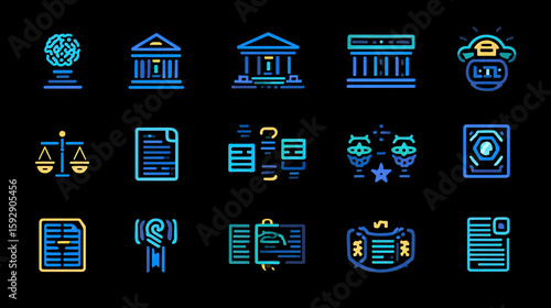 Intellectual Property icon set with intellectual property, copyright, trademark, patent, license, trade secret, branding, royalties, originality, protection, digital asset, agreement and registration