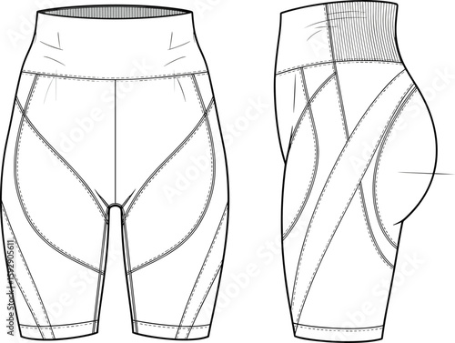 High waist compression cycling shorts, athletic sportwear design, technical flat sketch, activewear shorts template, vector CAD, fitness fashion