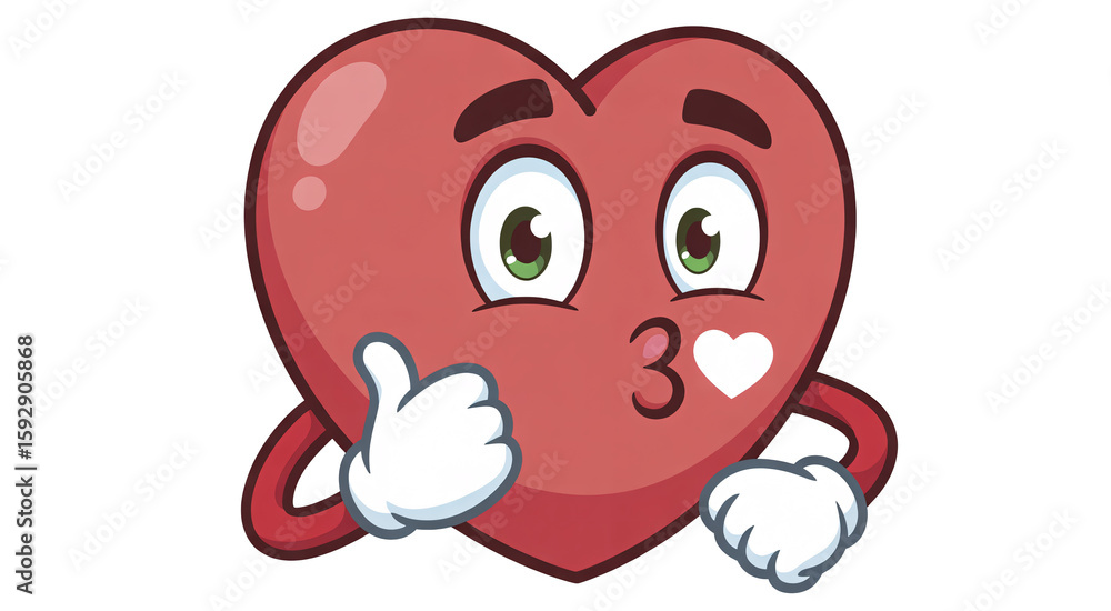 Obraz premium A cheerful cartoon heart is giving a thumbs up and blowing a kiss, isolated on transparent background, spreading love and positivity