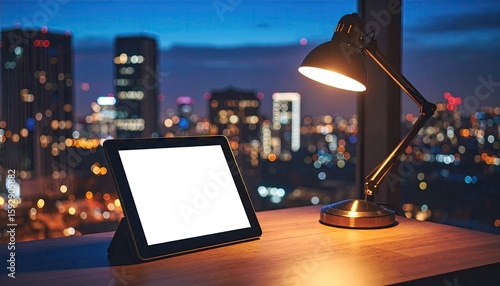 Wallpaper Mural Tablet computer on desk at night with city view Torontodigital.ca