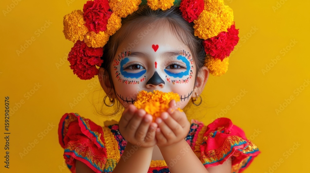 Little girl with Mexican Day of the Dead makeup softly blows marigold petals in calm, sacred minimalist moment of memory Little girl with Mexican Day of the Dead makeup softly blows marigold petals in calm, sacred minimalist moment of memory