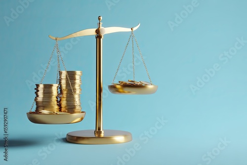 Golden scales of justice with stacks of coins