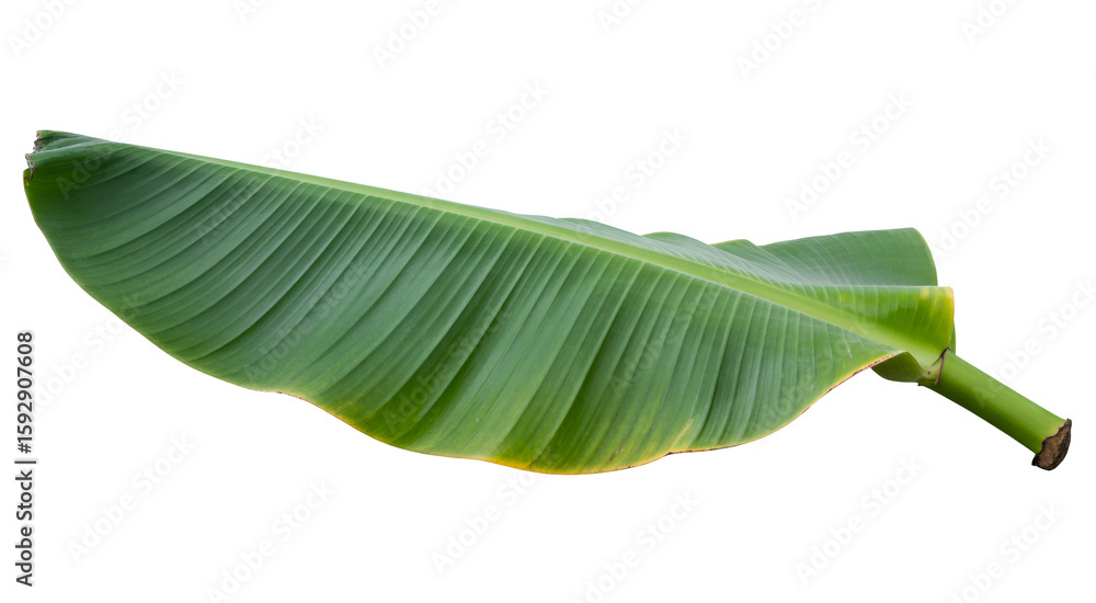 Fototapeta premium A vibrant green banana leaf, showcasing its intricate veins and tropical beauty, isolated on transparent background