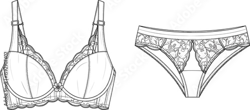 Lingerie technical flat sketch, bra and panty set, floral lace design, underwire bra, seamless panty, vector fashion CAD drawing