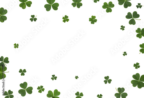 A frame of green clovers isolated on transparent background creates a festive st patricks day design