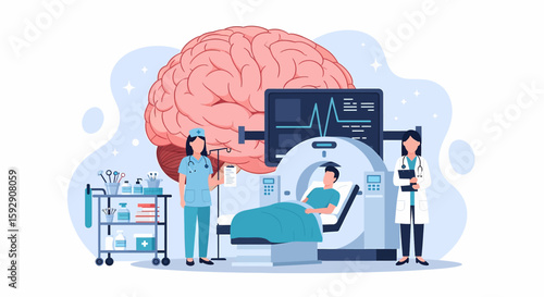 Adobe illustrator vector flat style illustration of a patient undergoing a CT scan of the brain, with doctors and nurses monitoring. Ideal for neurology, diagnostics, and medical technology