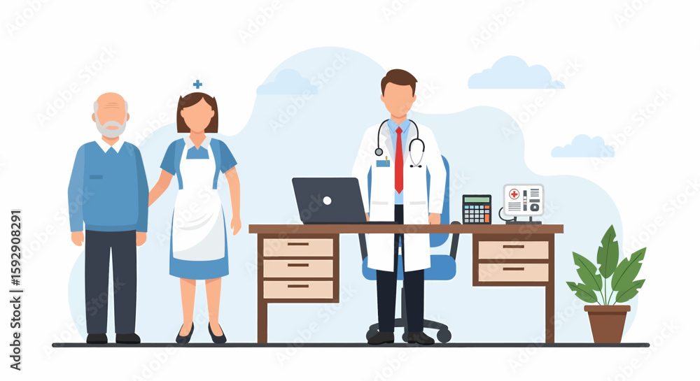 Adobe illustrator vector flat style illustration of a senior patient with a nurse consulting a doctor in a clinic office. Ideal for medical consultation, elderly care, and healthcare concepts Adobe illustrator vector flat style illustration of a senior patient with a nurse consulting a doctor in a clinic office. Ideal for medical consultation, elderly care, and healthcare concepts