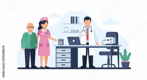 Adobe illustrator vector flat style illustration of a senior patient with a nurse consulting a doctor in a clinic office. Ideal for medical consultation, elderly care, and healthcare concepts