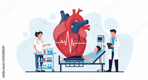 Adobe illustrator vector flat style illustration of a patient with a heart attack, surrounded by medical staff and equipment. Perfect for cardiology, emergency, and health awareness themes