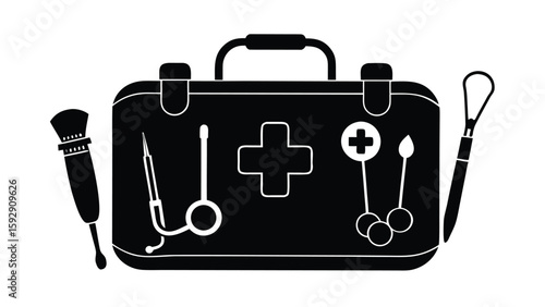Black and White First Aid Kit Illustration with Medical Instruments