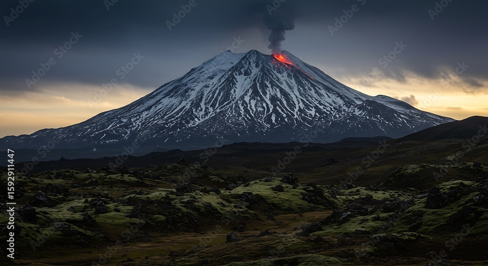 Fototapeta premium A volcano erupts, spewing smoke and lava into the sky