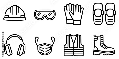 Protective safety gear icons including helmet goggles gloves knee pads headphones mask vest and boot