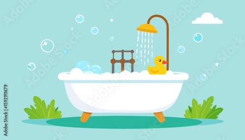 Bathtime Bliss: Cartoon Bathtub with Bubbles and Rubber Duck