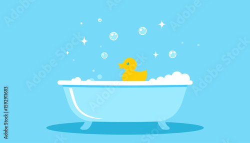 Bathtime Bliss: Yellow Rubber Duck in Bubbles on Blue