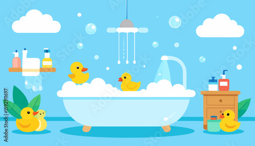 Playful Bath Time: Cartoon Illustration with Rubber Ducks