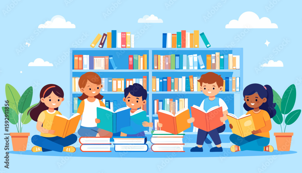 Children Reading Books in Library Cartoon Illustration Children Reading Books in Library Cartoon Illustration