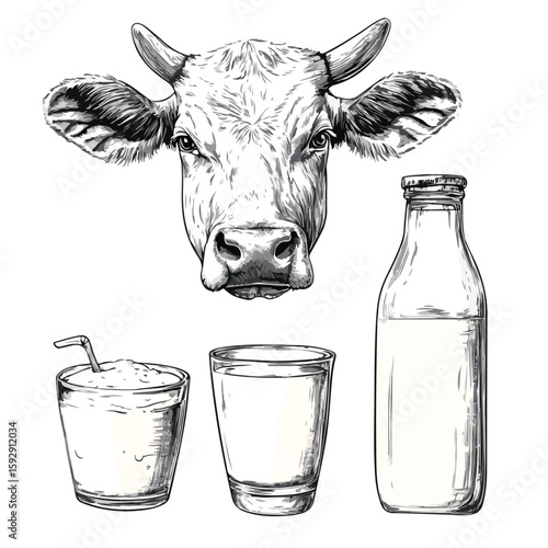 Hand-Drawn Cow Milk Products Set