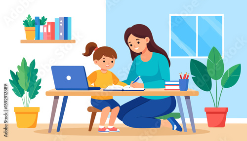 Homeschooling Illustration: Mother and Daughter Learning Together