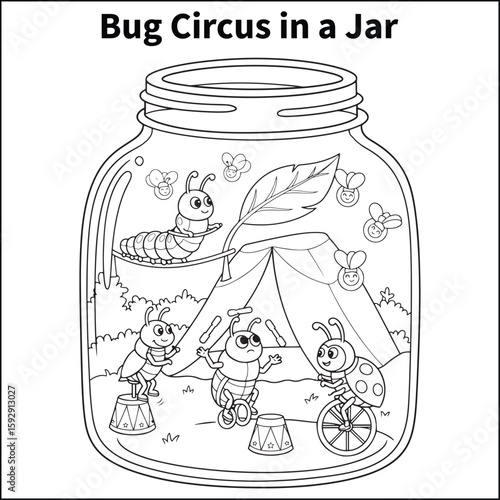 Cartoon bugs performing circus tricks—a caterpillar tightrope walker, a juggling beetle, and a ladybug riding a unicycle. Include a leaf tent and cheering fireflies.