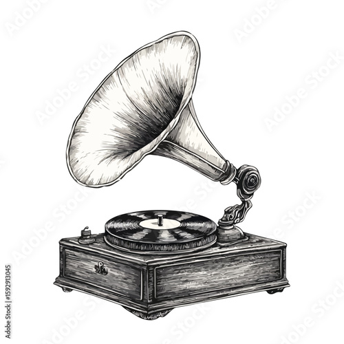 Vintage Gramophone Sketch on White Background