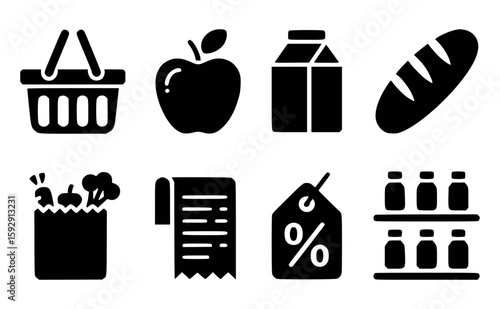 Shopping icons basket apple milk bread paper bag receipt tag bottles vector