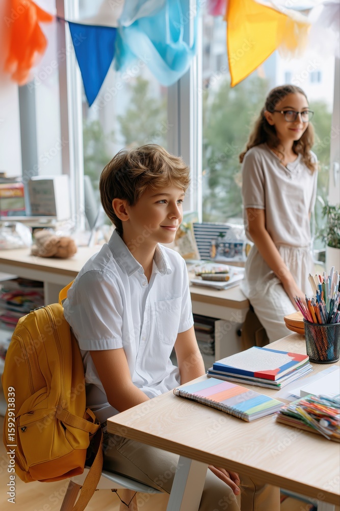 Obraz premium Caucasian young boy and girl in bright classroom with celebratory banners