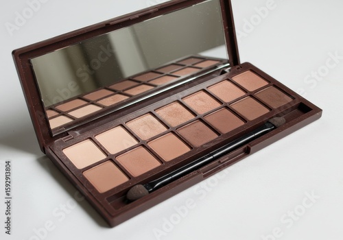 Open eyeshadow palette with mirror and applicator displaying neutral color tones on a white surface