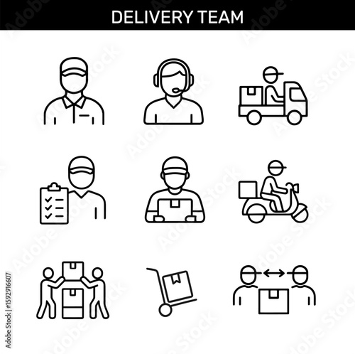 Delivery team outline icons with courier, headset operator, delivery truck, scooter, package, checklist, cart, and parcel handover