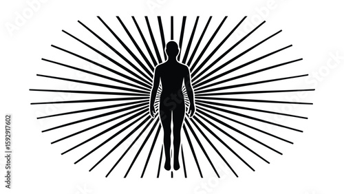 Human Silhouette with Radiating Lines in Black and White Illustration