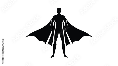 Superhero Silhouette with Cape Standing Tall in Black and White
