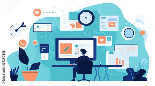 Person working on computer with multiple screens and icons in a stylized digital illustration