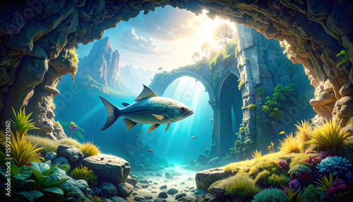 Fish swimming in ruins environment under the sea, illustration. AI