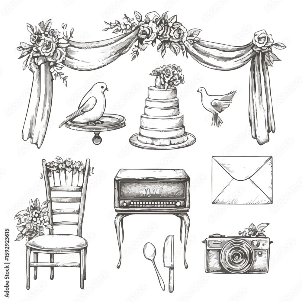 Obraz premium Hand Drawn Wedding Boutonniere Sketch Set