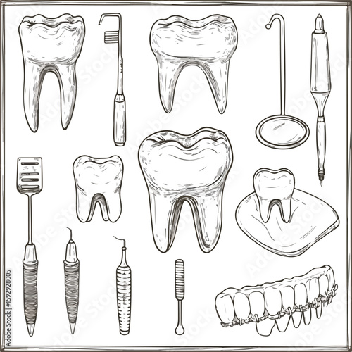 Hand-drawn Stomatology Attributes Sketch Set