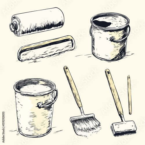 Hand-drawn tools for painting walls sketch