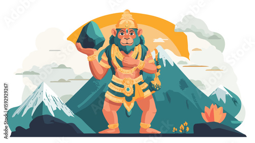 Hanuman Holding Mountain Flat Vector Illustration