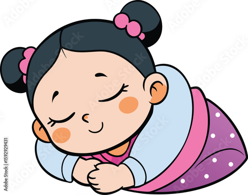 Cute cartoon girl sleeping peacefully with eyes closed. new 2025 trendy