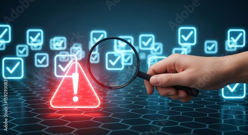 Cybersecurity risk assessment and compliance audit with magnifying glass tool check