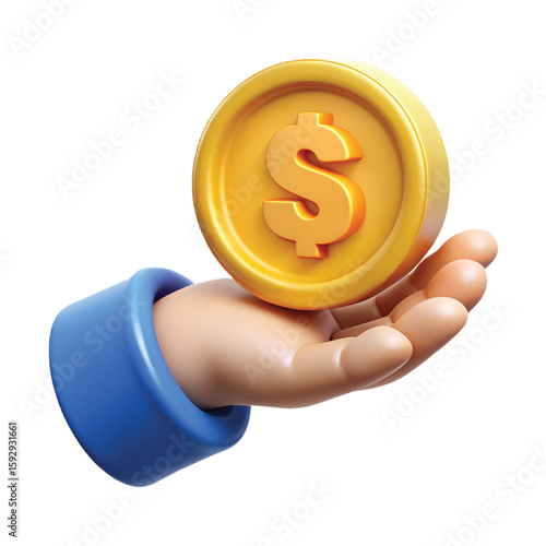 Stylized 3d cartoon hand wearing a blue sleeve offering a golden coin with a dollar sign symbol on a white background