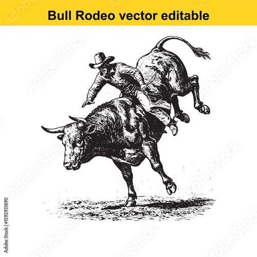 Cowboy rides a bucking bull in a rodeo