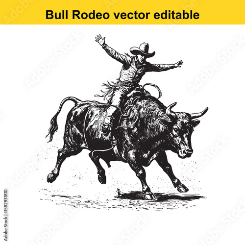 Cowboy rides a bucking bull in a rodeo