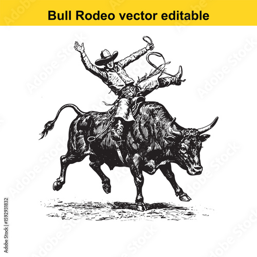 Cowboy rides a bucking bull in a rodeo