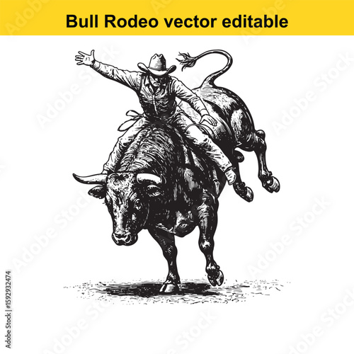 Cowboy bravely rides a bucking bull in a rodeo
