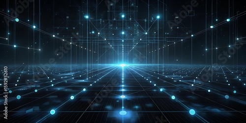 A futuristic digital network with glowing blue lights forms a gridlike structure stretching into the distance.