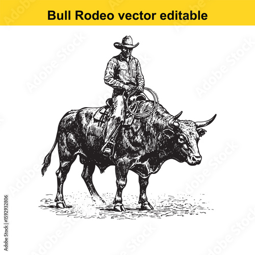 Cowboy bravely rides a bucking bull in a rodeo