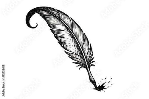 Elegant vintage feather pen writing with ink on transparent background