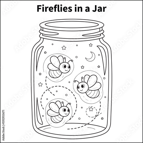 Three glowing cartoon fireflies inside a jar, with dashed lines showing their flight paths. Include tiny stars and a moon visible through the glass shape.